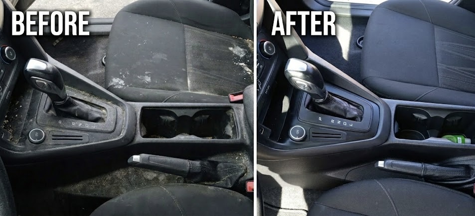 Center console before and after full interior detail